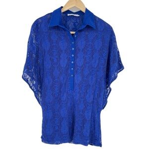 Anne Fontaine Lace Royal Blue Blouse Dolman Batwing Sleeve Button Front Collared